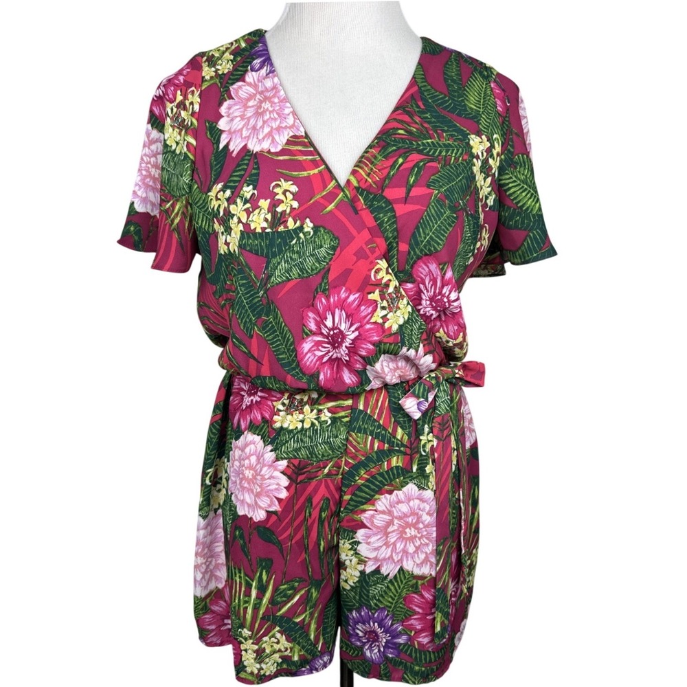 Everly Tropical Floral Romper Womens Small Pink Wrap Tie Waist Short Sleeve